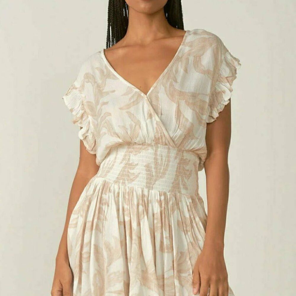 Elan Tan and white tropical print smocked waist wrap top mini dress NWT size XS